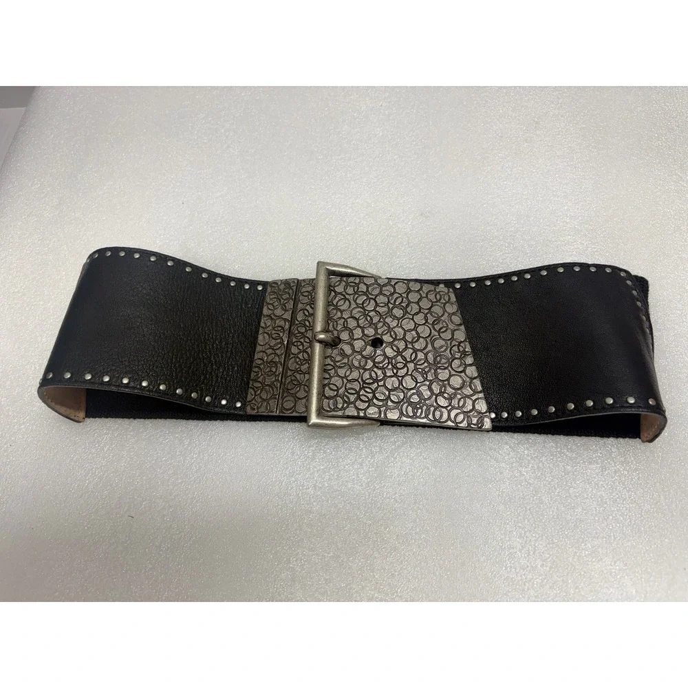 Vintage Streets Ahead Elastic & Leather Black & Silver Belt USA Size Small EUC